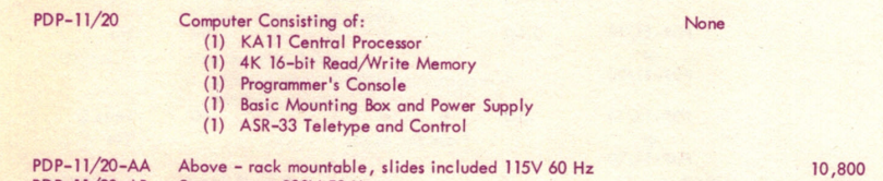 Exceprt from the December 15, 1669 PDP-11 price list.